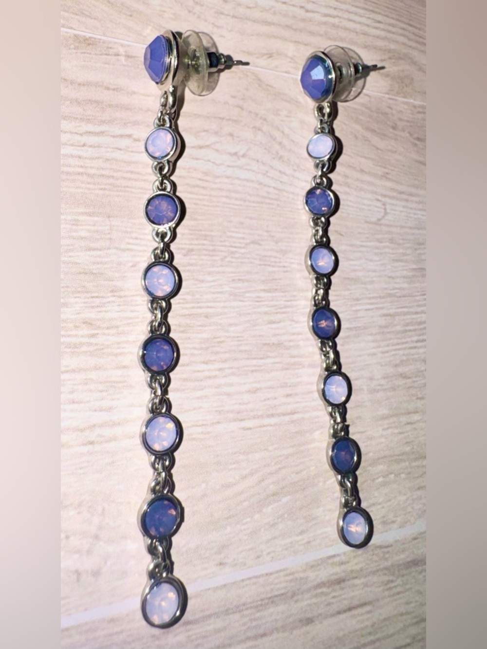 Long Dangle Earrings with Blue Opalescent Stones